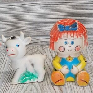 2 Rubber Squeeze Toys Raggedy Ann Style Doll Cow Retro Nursery Decor Taiwan Vtg‎